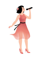 Singing girl in pink dress. Vector illustration on white background