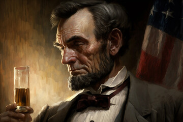 Close-Up Shot of President Abraham Lincoln Holding a Glass of Wine, With the American Flag Draped Behind Him, Showcasing His Patriotism and Pride in His Country. AI - obrazy, fototapety, plakaty