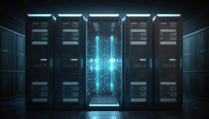 Big data center technology warehouse with servers information digitalization Starts, generative ai