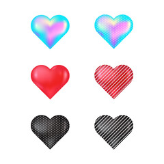 Realistic Red Black hologram 3d heart with glare on White background set. Vector illustration