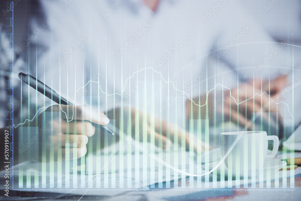 Poster double exposure of forex graph drawing over people taking notes background. concept of financial ana