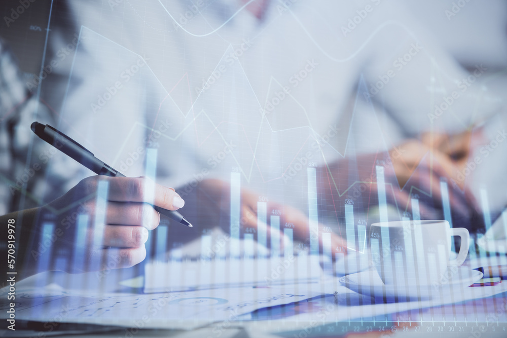 Poster double exposure of forex graph drawing over people taking notes background. concept of financial ana