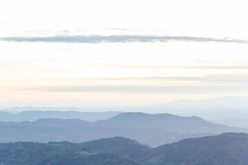 top view of hills and valley against sunset sky