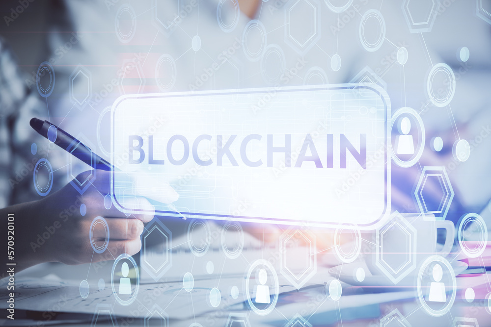 Poster double exposure of blockchain theme drawing over people taking notes background. concept of cryptocu