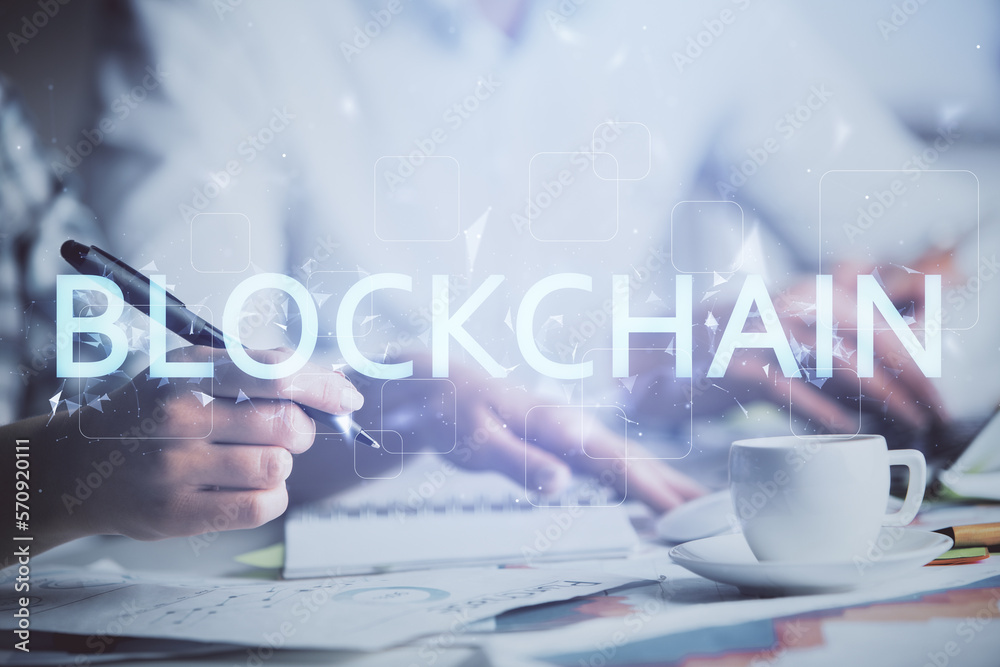 Poster double exposure of blockchain theme drawing over people taking notes background. concept of cryptocu