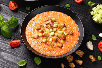 Traditional spanish Gazpacho soup with tomatoes, vegetables and croutons. Healthy summer food