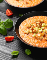 Traditional spanish Gazpacho soup with tomatoes, vegetables and croutons. Healthy summer food