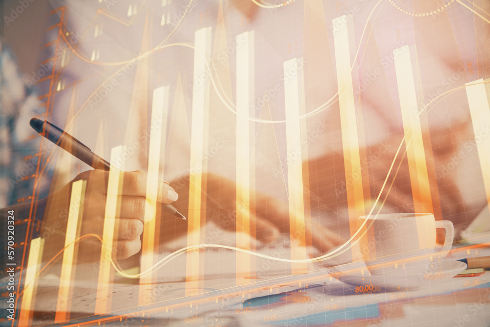Poster double exposure of forex graph drawing over people taking notes background. concept of financial ana