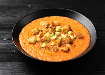 Traditional spanish Gazpacho soup with tomatoes, vegetables and croutons. Healthy summer food