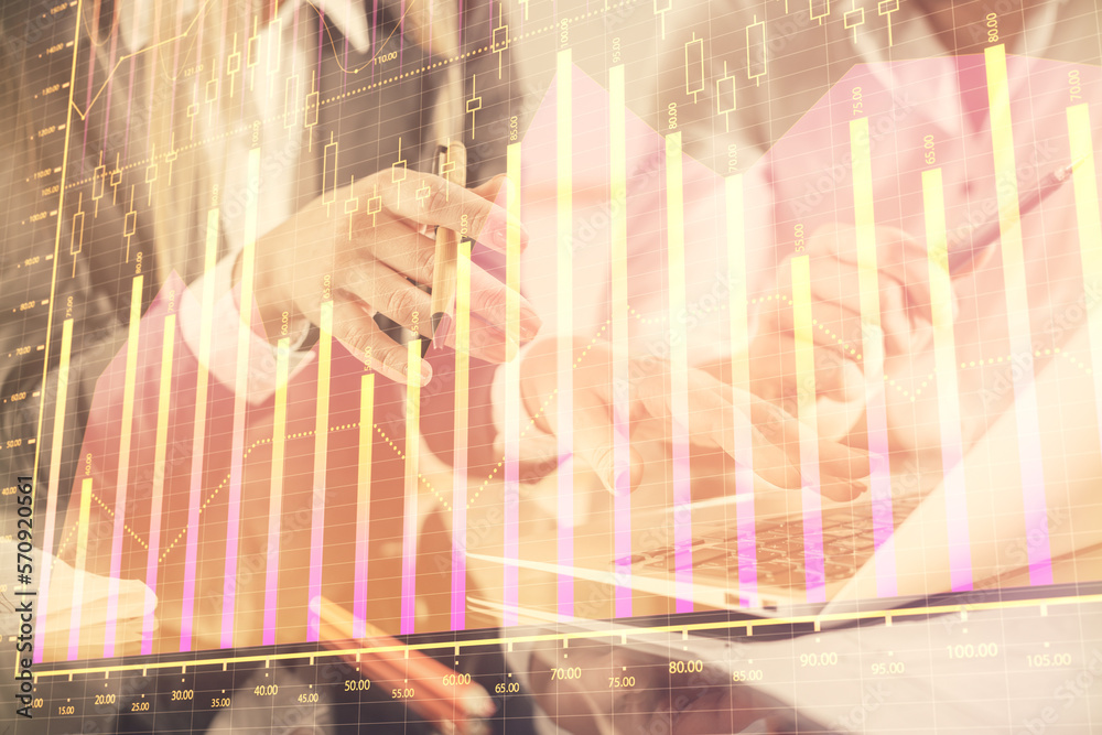 Aufkleber multi exposure of man and woman working together and financial chart hologram. business concept. com