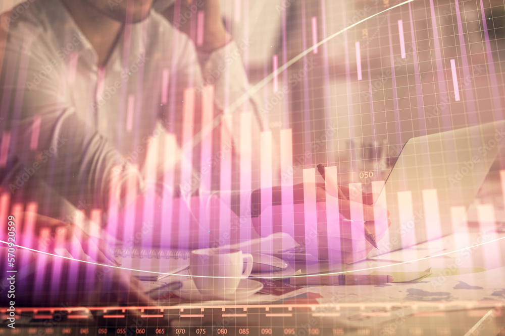 Poster multi exposure of man and woman working together and financial chart hologram. business concept. com