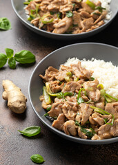 Chinese stir fry pork with ginger sauce, garlic and spring onion. Asian food