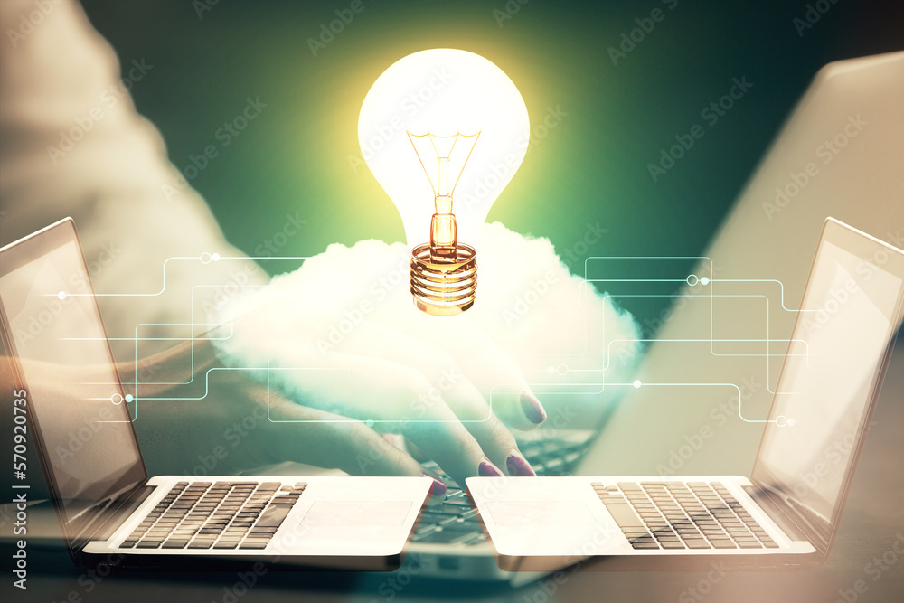 Poster double exposure of woman hands typing on computer and light bulb drawing. idea concept.
