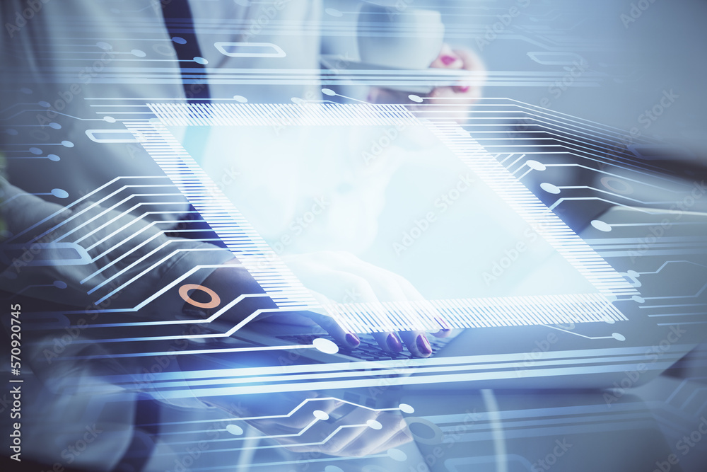 Poster multi exposure of woman hands working on computer and data theme hologram drawing. tech concept.
