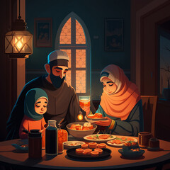 Muslim family doing ramadan iftar illustration
