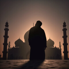 silhouette muslim man praying with mosque