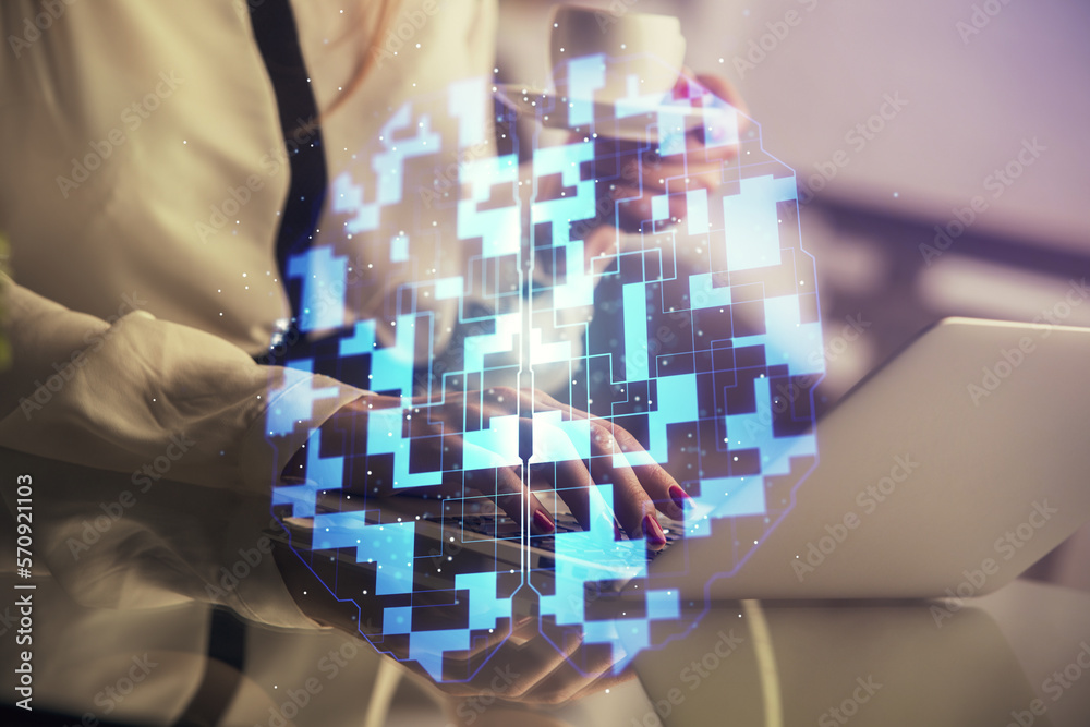 Poster multi exposure of woman hands working on computer and data theme hologram drawing. tech concept.