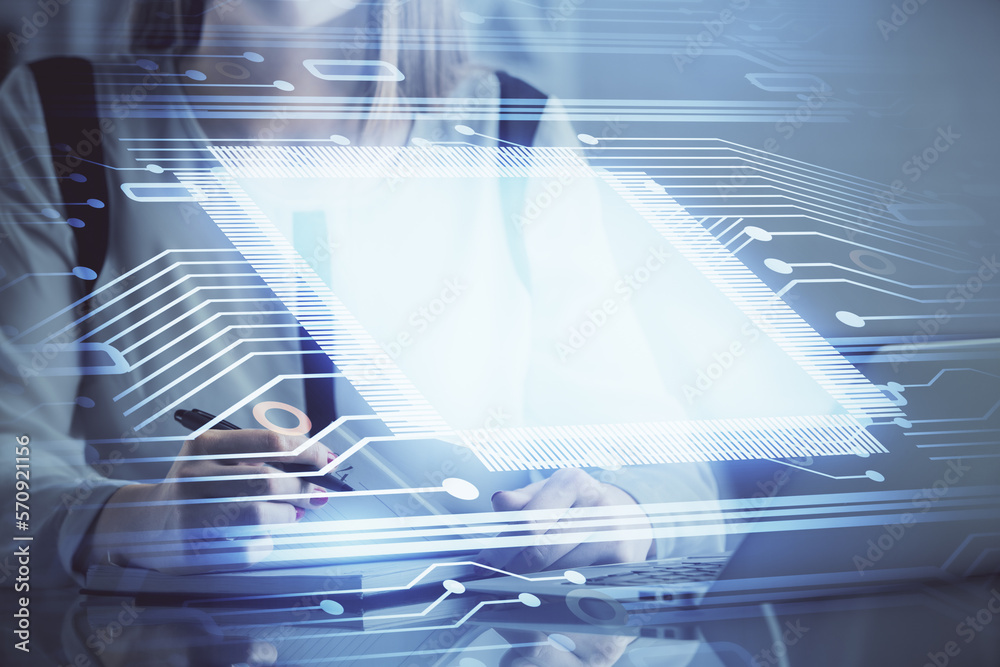 Poster multi exposure of woman hands working on computer and data theme hologram drawing. tech concept.