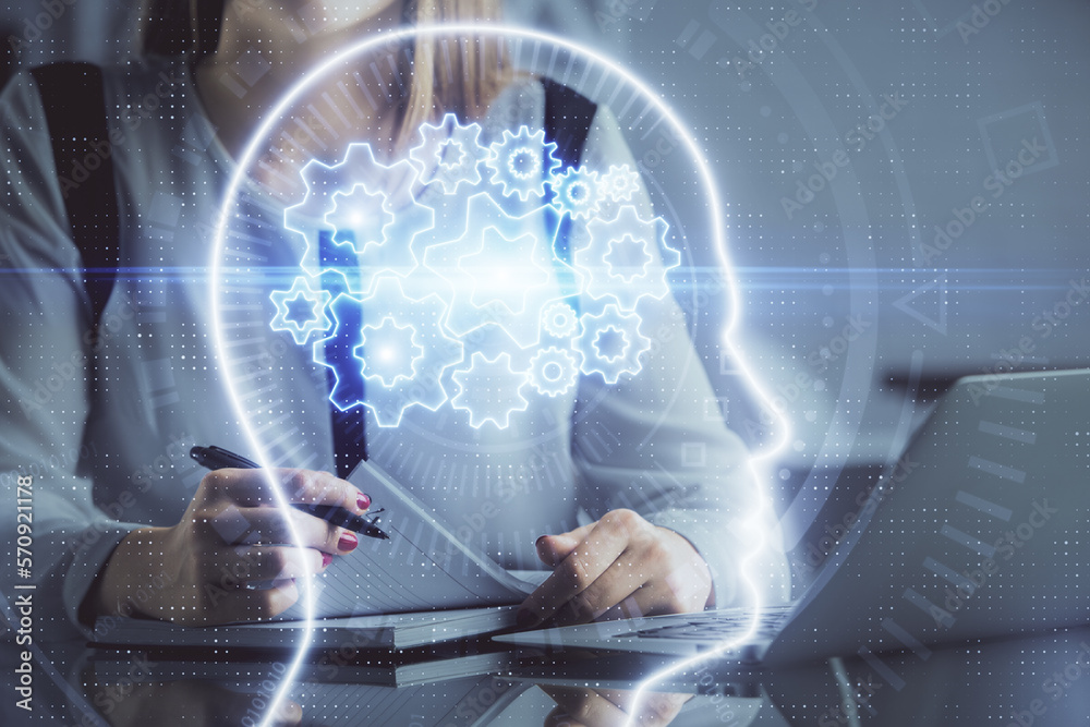Poster multi exposure of woman hands working on computer and human brain hologram drawing. ai tech concept.