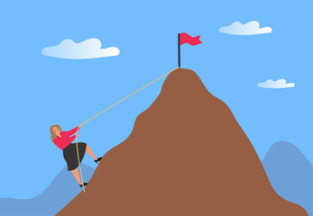 businesswoman climbing up mountain with rope success leadership business competition vector illustration