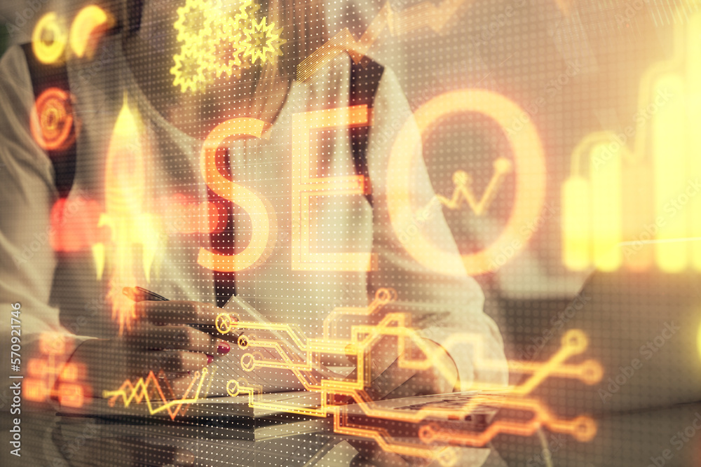 Poster double exposure of woman hands working on computer and seo hologram drawing. internet search concept