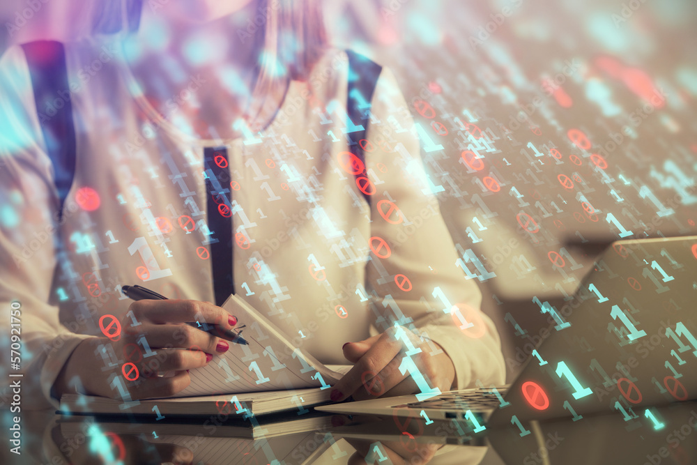 Poster multi exposure of woman hands working on computer and data theme hologram drawing. tech concept.