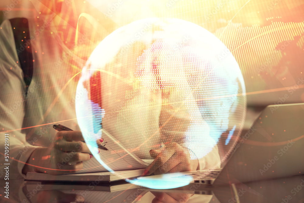 Poster multi exposure of woman hands typing on computer and business theme hologram drawing. success concep