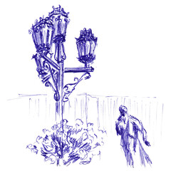 Street lights in the city park with a monument. Hand made sketch with ballpoint pen on paper texture. Isolated on white