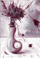 Bouquet of abstract wildflowers in a vase with blots and splashes. Hand drawn art painting with red dry wine on paper texture. Raster image