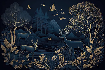 Dark blue mural wallpaper from the contemporary era Christmas tree, mountain, deer, birds, and waves of gold on a dark blue backdrop depicting a jungle or forest, generative AI.