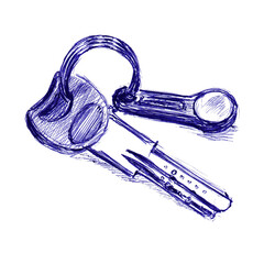 Lock key with house guard chip. Hand made sketch with ballpoint pen on paper texture. Isolated on white
