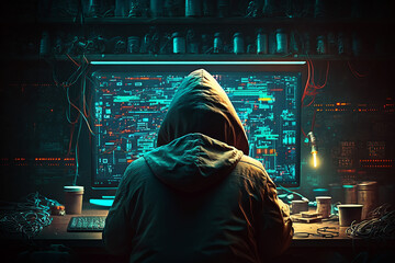 Hacker wearing hoodie using a computer alone in a room created with Generative AI technology