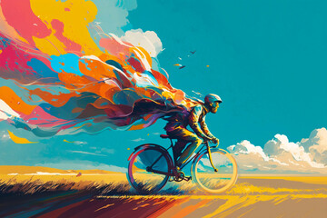 A man rides a bicycle. Multicolored elements of paintings. Generative AI