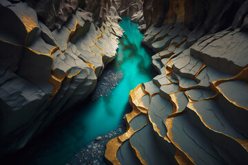 Fototapeta premium River running through stunning stone rockface. Generative AI
