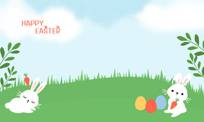 Obraz na płótnie Canvas Happy Easter with bunny rabbit cartoons, Easter eggs, green grass and branches on blue sky background vector.