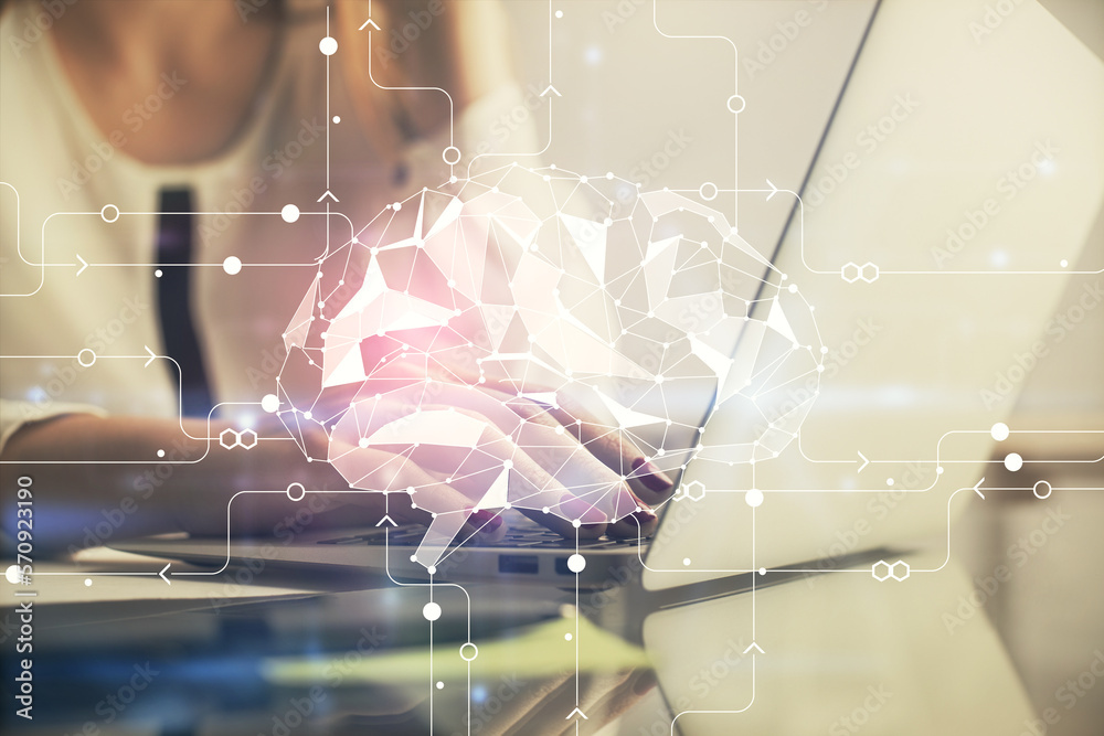 Poster multi exposure of woman hands working on computer and human brain hologram drawing. ai tech concept.