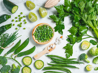 dieting concept. Celery, peas, cucumber, kale