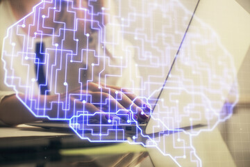 Multi exposure of woman hands working on computer and human brain hologram drawing. Ai tech concept.