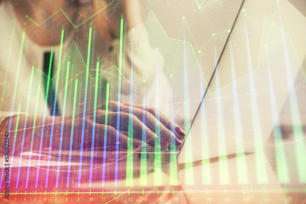 Aufkleber multi exposure of woman hands typing on computer and financial graph hologram drawing. stock market 