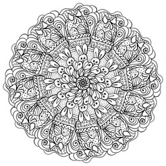 Meditative mandala with rabbits and eggs for Easter, coloring page with holiday symbols for activity