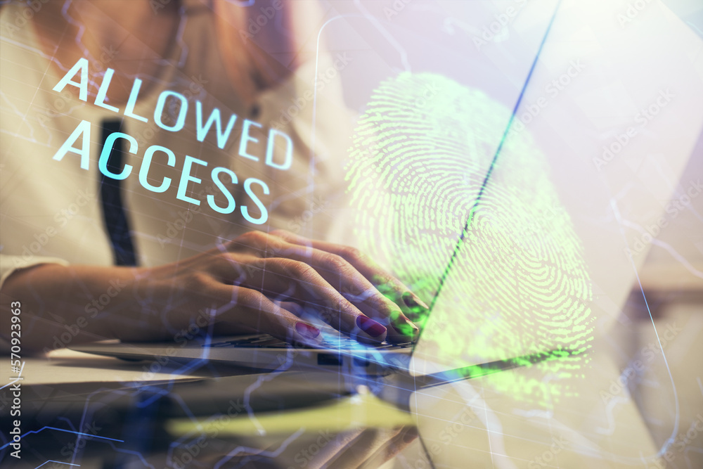 Poster double exposure of woman hands typing on computer and fingerprint drawing. security concept.