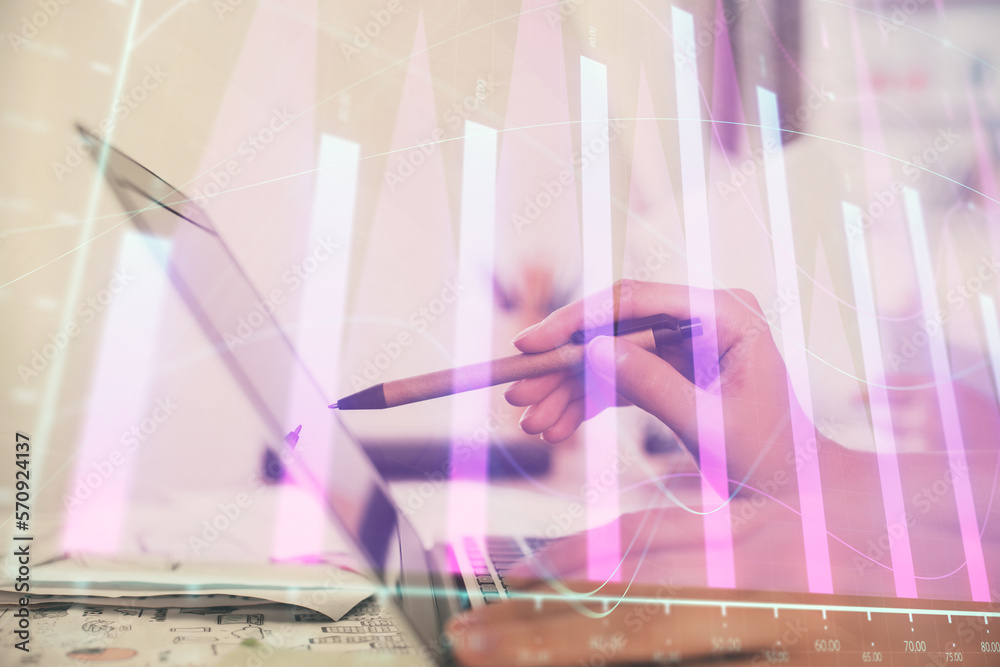 Poster multi exposure of woman hands typing on computer and financial graph hologram drawing. stock market 