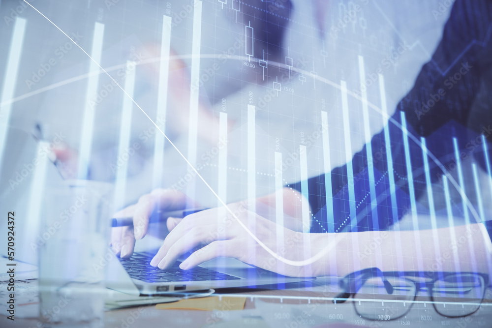 Poster multi exposure of woman hands typing on computer and financial graph hologram drawing. stock market 
