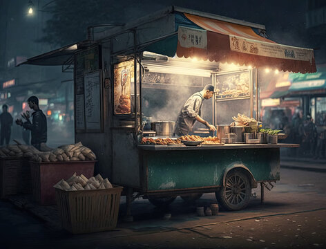 Street Food Oriental Food - Indian Takeaway At A London Market Generative AI