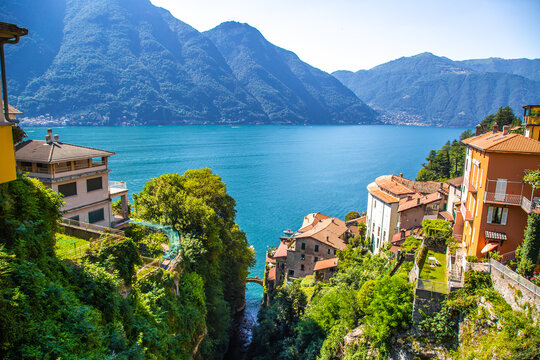 Aerial view of Nesso, a picturesque and colourful village sitting on the banks of Lake Como, Italy