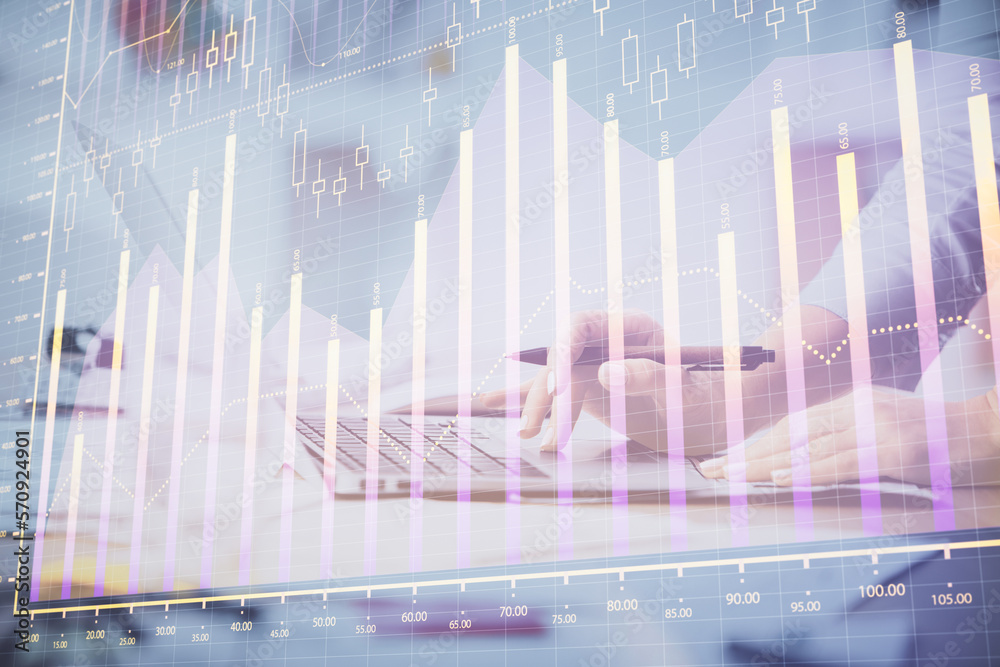 Poster multi exposure of woman hands typing on computer and financial chart hologram drawing. stock market 