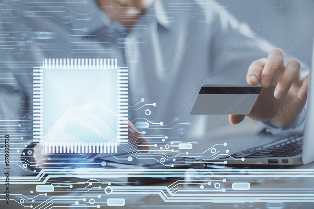Poster double exposure of man hands holding a credit card and data theme drawing. e-commerce and technology