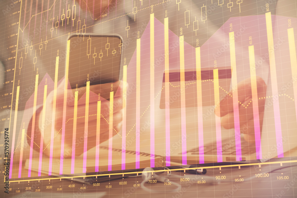 Aufkleber double exposure of man hands holding a credit card and forex graph drawing. stock trading and digita