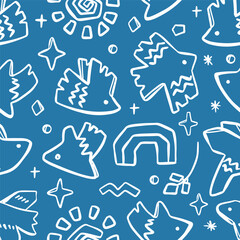 ABSTRACT CONTEMPORARY Folk Doodle Seamless Pattern Modern African Hand Drawn Flat Birds Various Shapes Fabric Print Background Matisse Style Creative Art Cloth