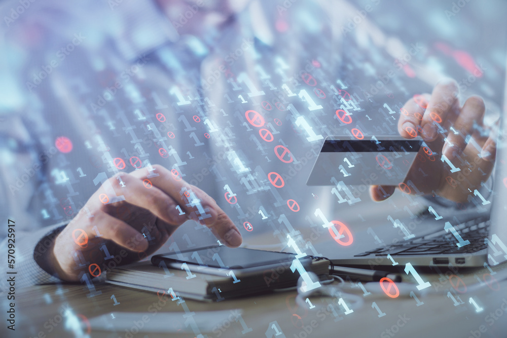Poster double exposure of man hands holding a credit card and data theme drawing. e-commerce and technology